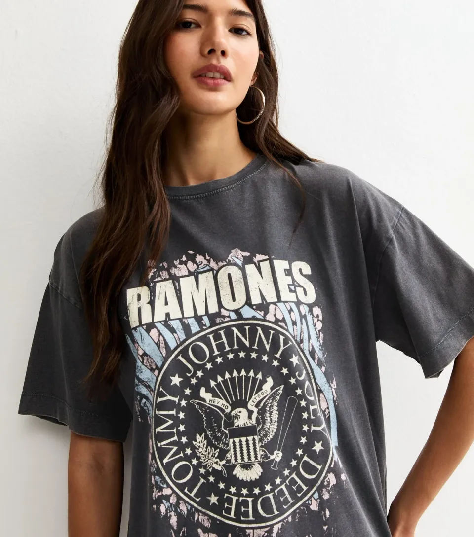 Women's Dark Grey Distressed Effect Ramones Print Oversized T-Shirt