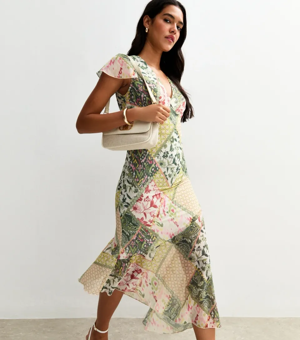 Women's Multicoloured Patchwork Print V-Neck Midi Dress