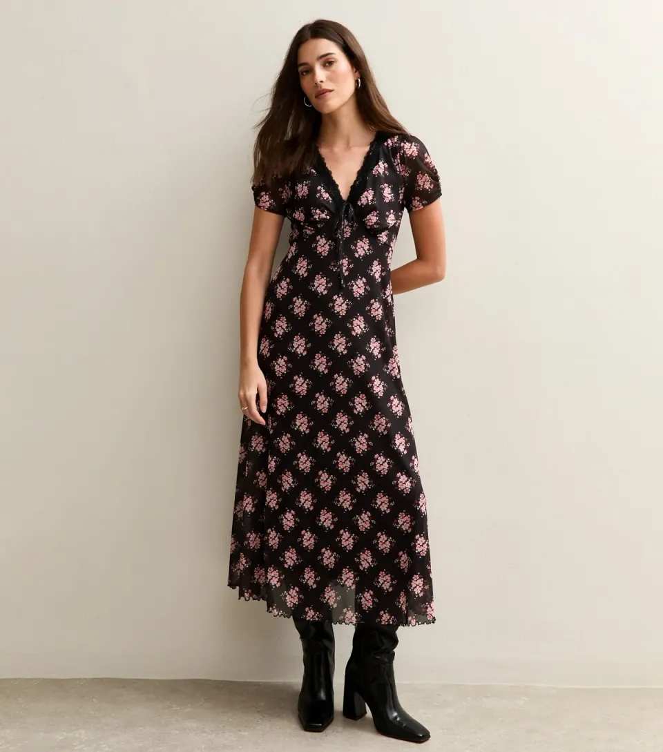 Women's Black Floral Print Lace Trimmed Mesh Midi Dress