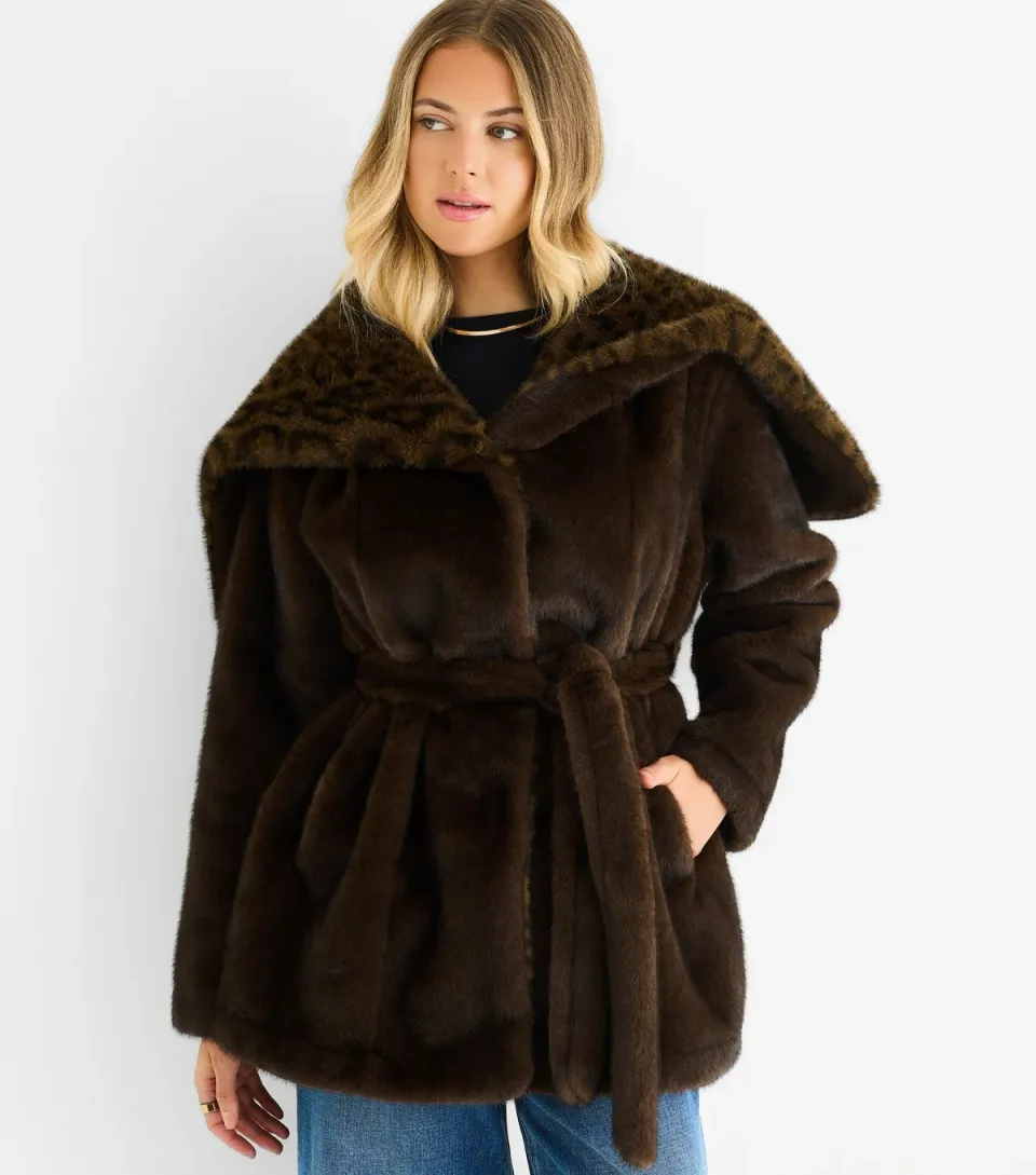 Women's Brown Faux Fur Leopard Print Trim Coat