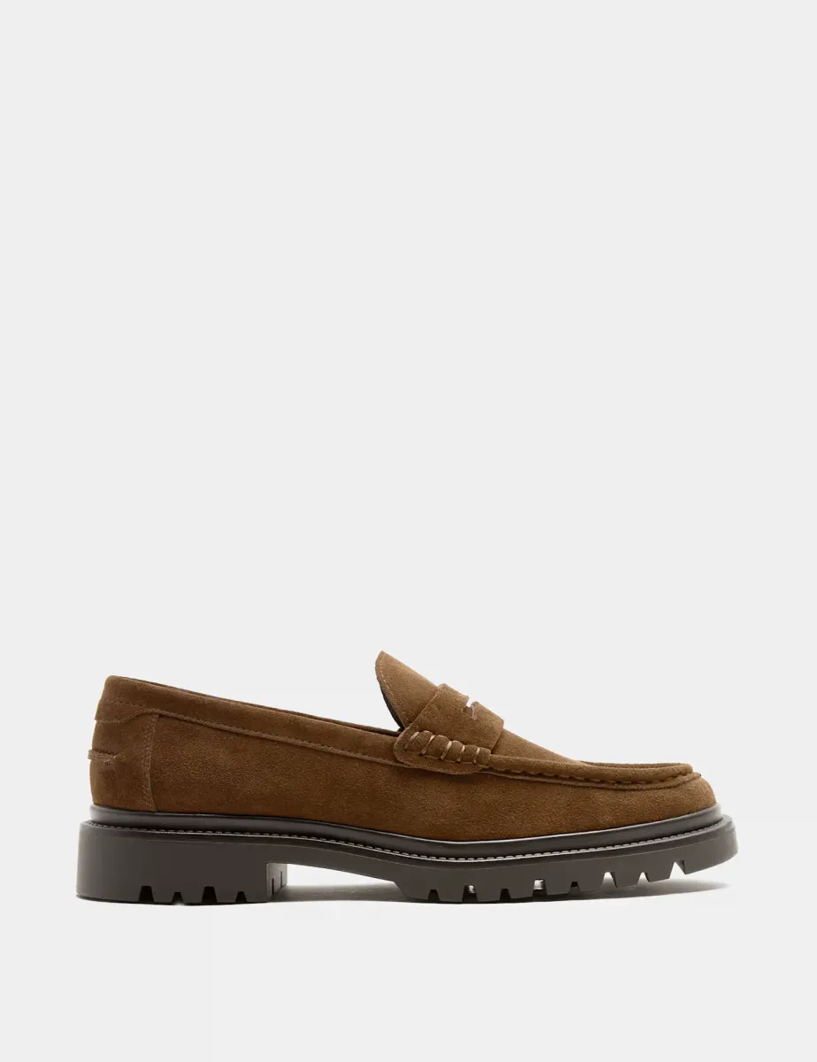 Suede Chunky Sole Slip On Loafers Brown