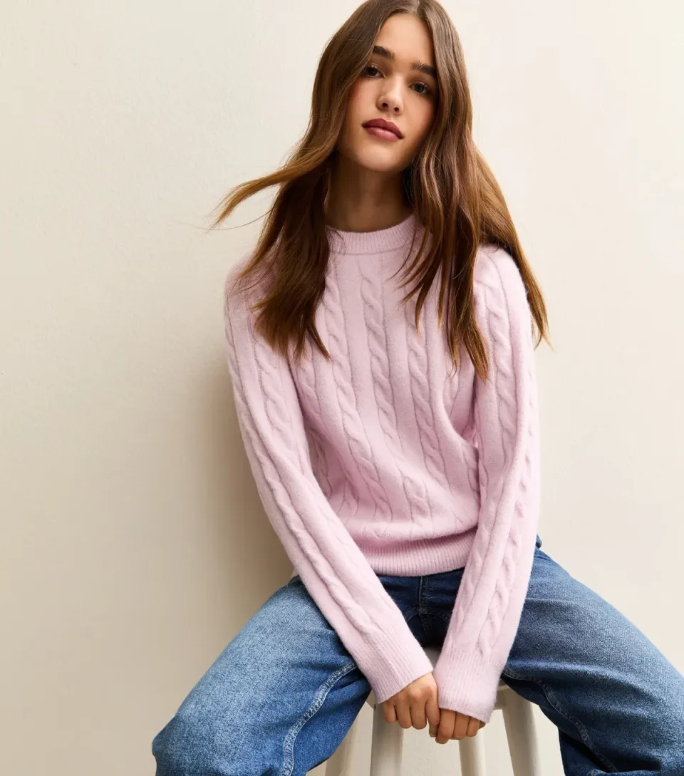 Women's Light Pink Cable Knit Crew Neck Jumper