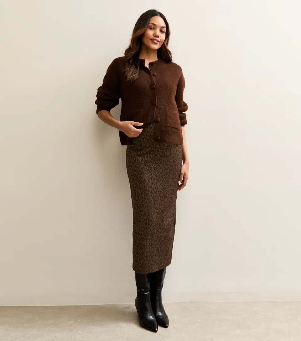 Women's Maternity Brown Leopard Jacquard Tube Skirt