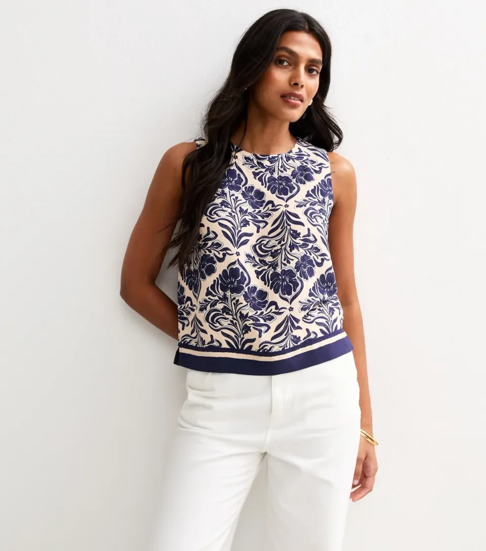Women's Blue Leaf Print Sleeveless Top