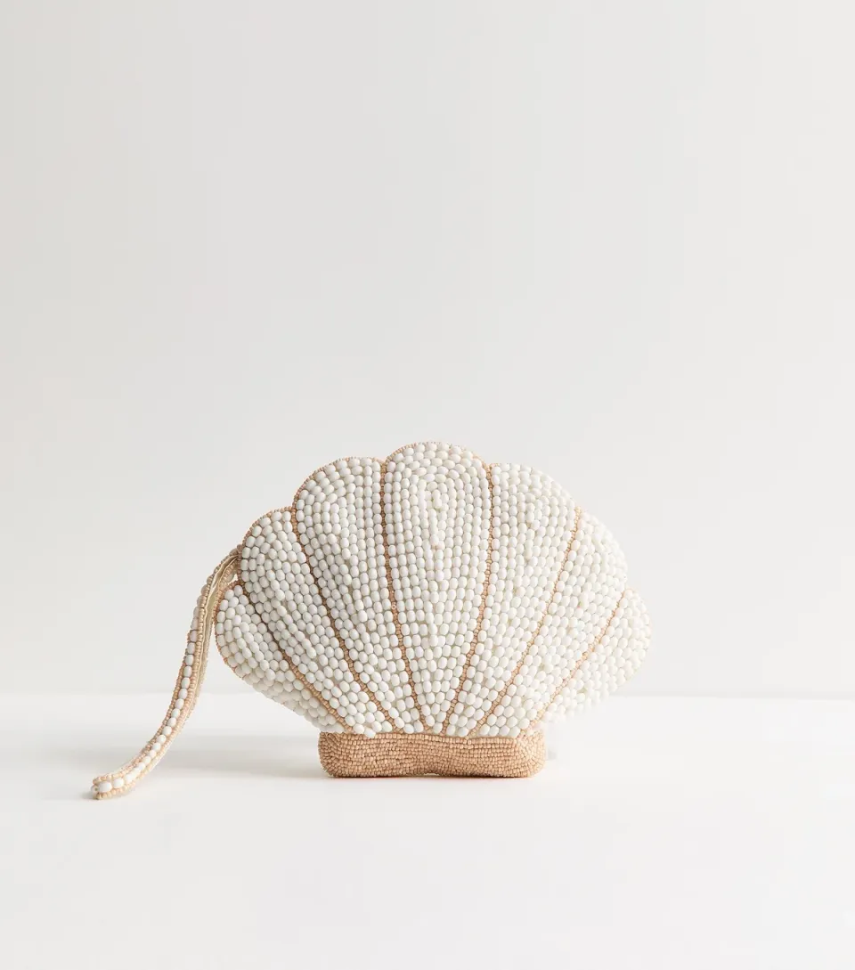 Cream Beaded Shell Pouch