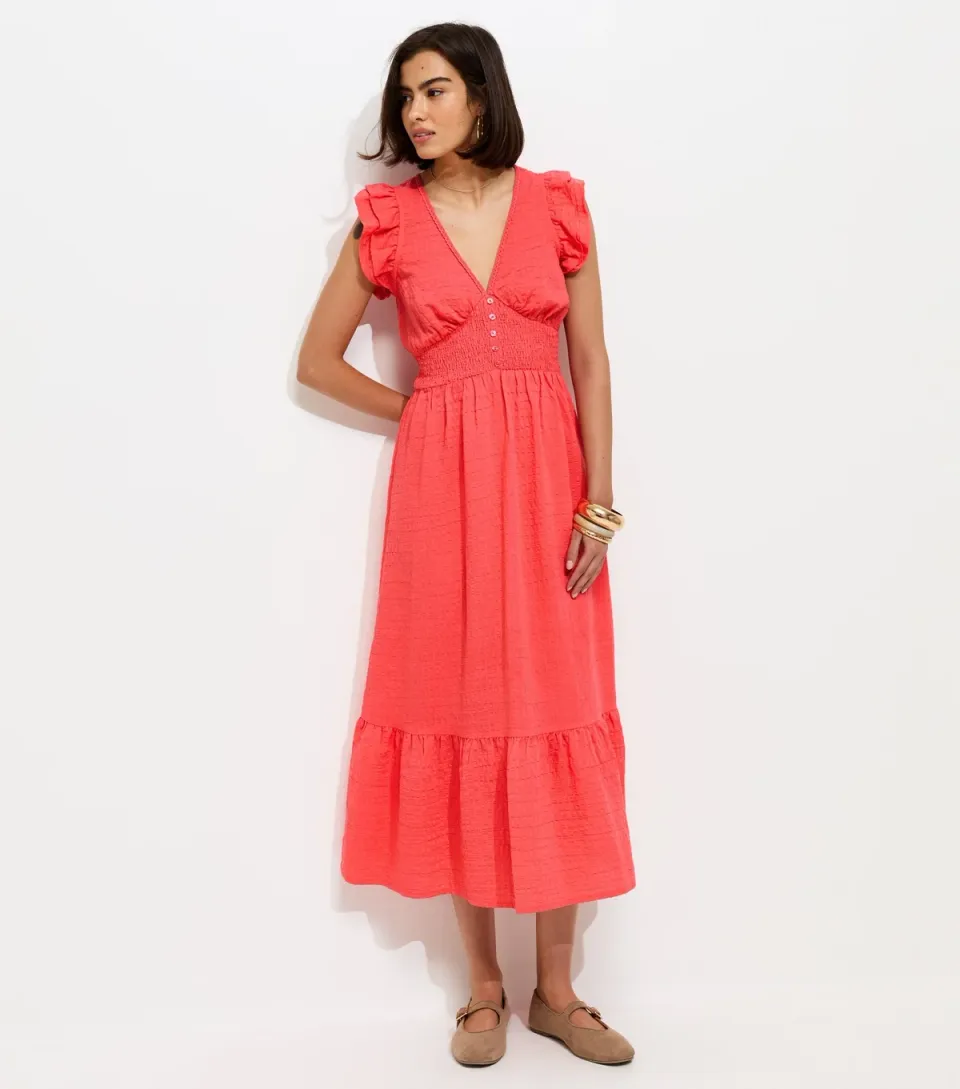 Women's Dark Coral Ruffled Cap Sleeve Midi Dress
