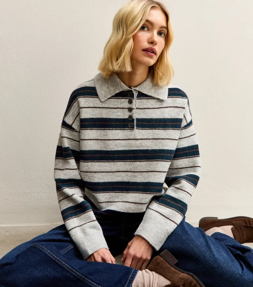 Women's Grey Striped Knit Polo Jumper