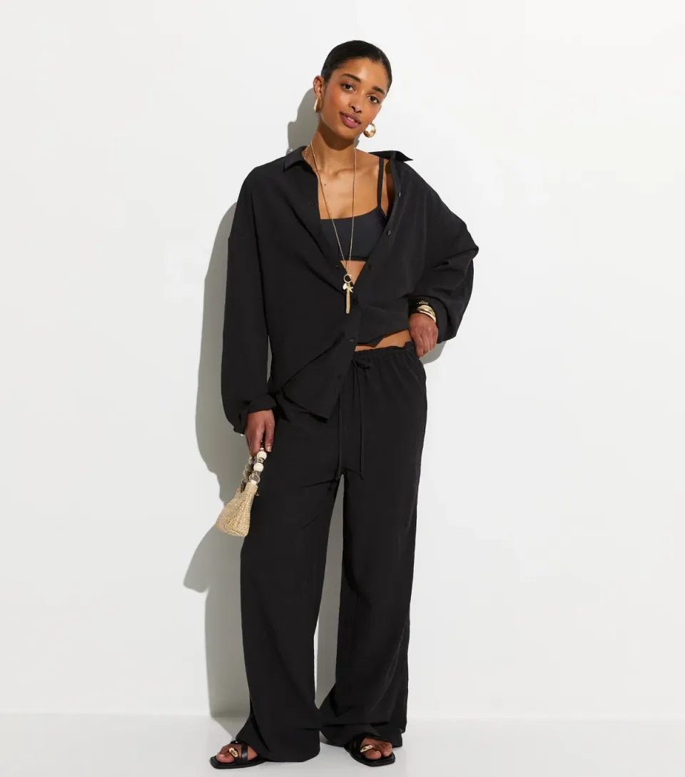 Women's Black Crinkled Wide Leg Beach Trousers
