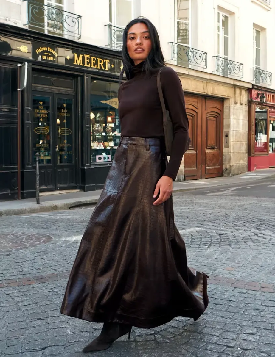 Leather Look Croc Midaxi Tiered Skirt Brown