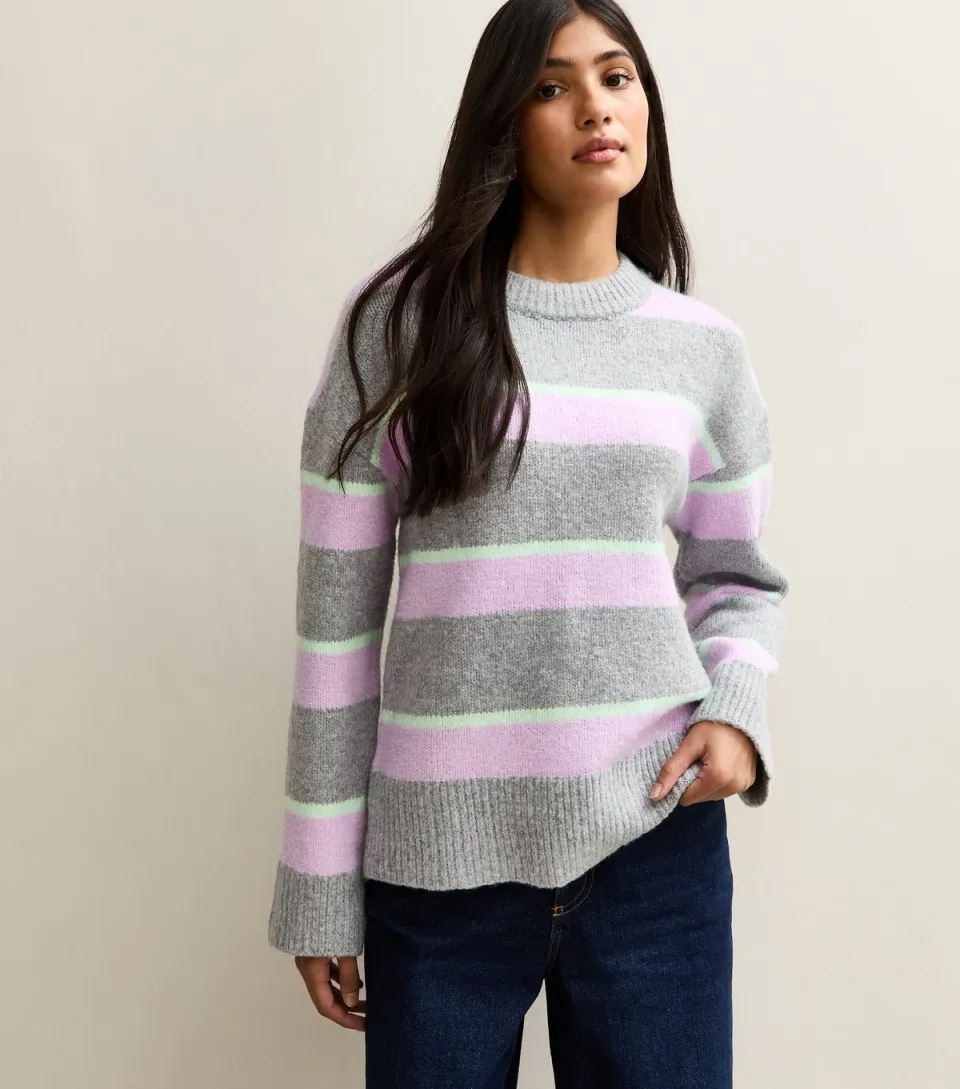 Women's Grey Striped Crew Neck Jumper