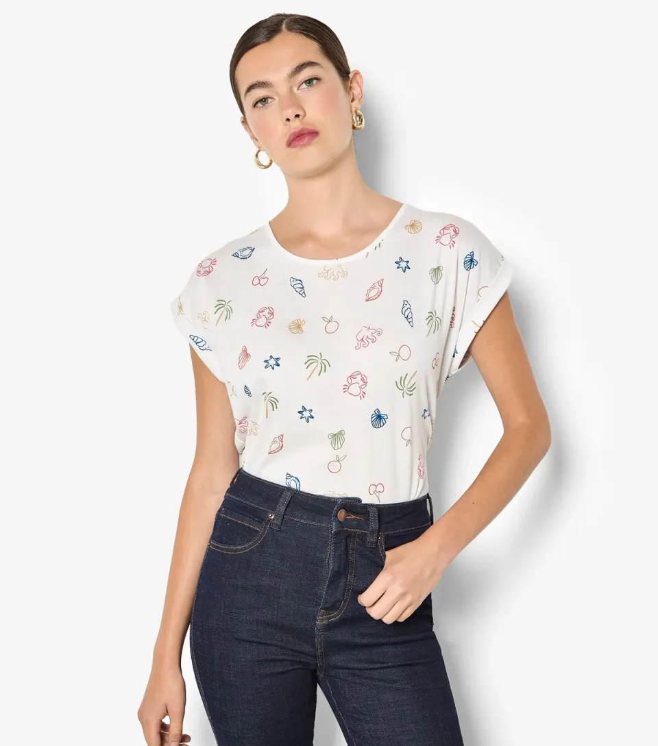 Women's White Coastal Print Turn Up Sleeve T-Shirt
