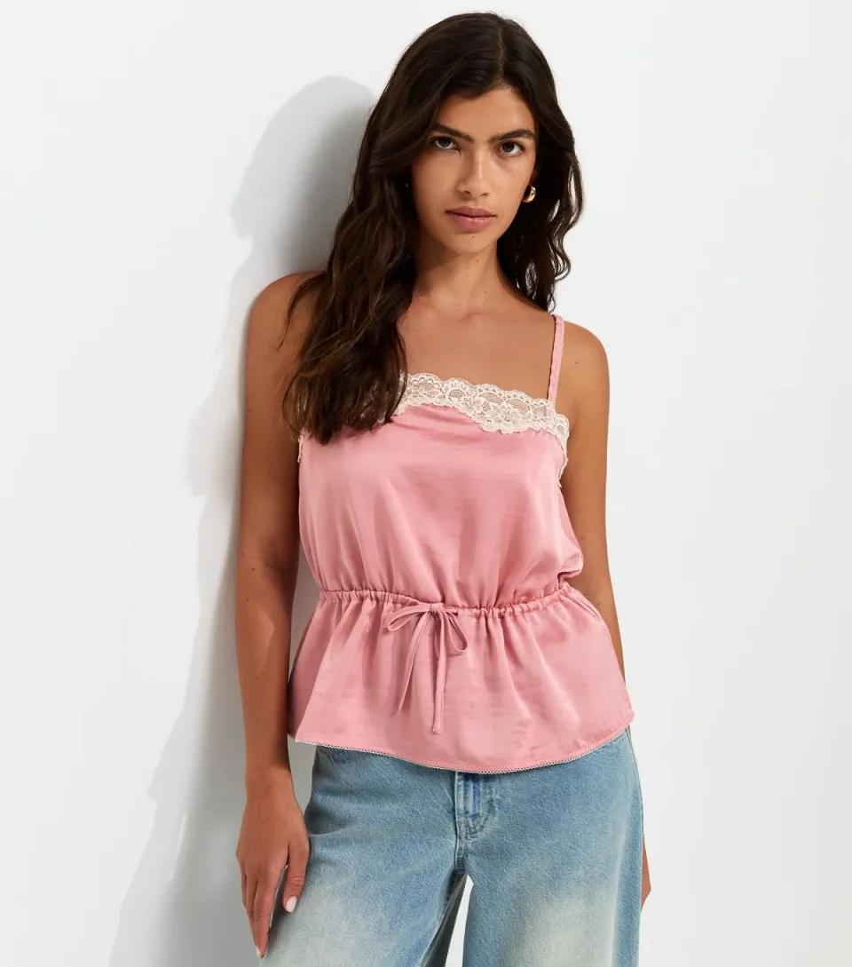 Women's Pink Satin Lace Trim Tie Waist Cami Top