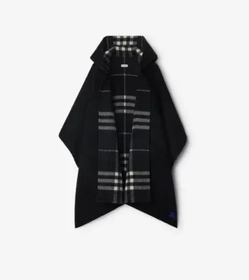 Reversible Check Cashmere Hooded Cape in Black/calico beige