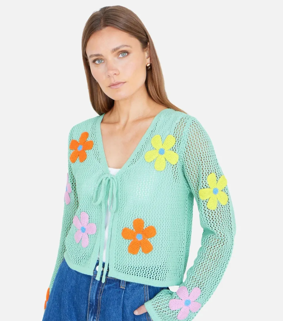 Women's Light Green Flower Embroidered Tie Front Cardigan