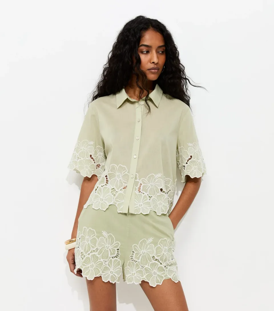 Women's Green Cotton Flower Embroidered Cropped Shirt