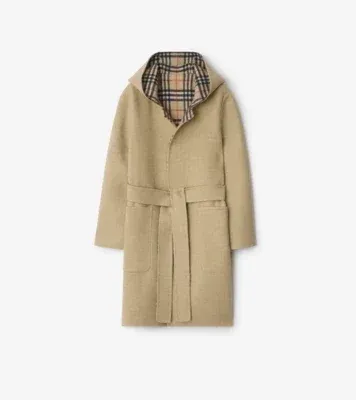 Reversible Wool Hooded Wrap Coat in Sand beige
