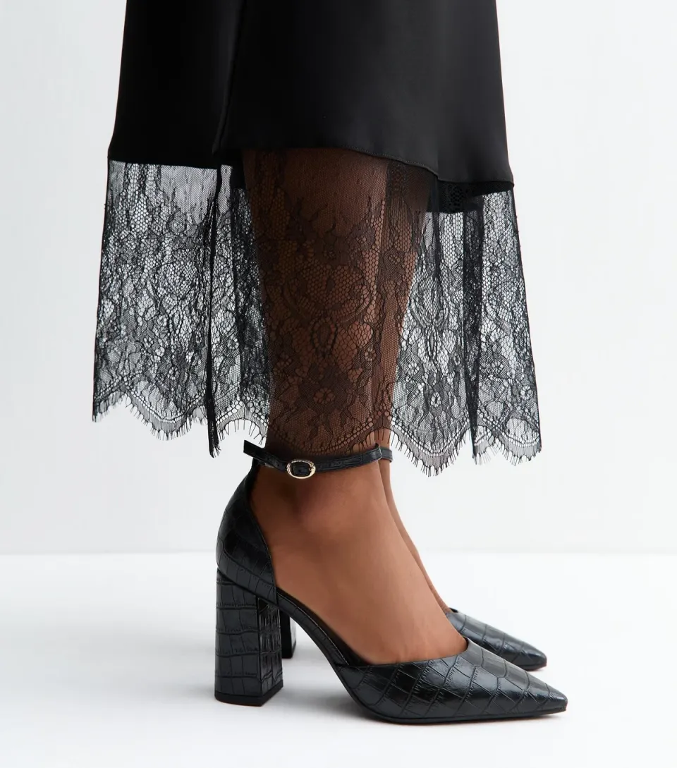 Women's Wide Fit Black Crocodile Faux Leather Buckle Strap Pumps Vegan