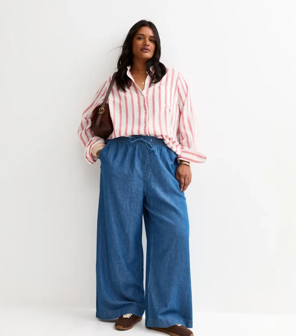 Women's Plus Size Blue Denim Wide Leg Trousers Curves