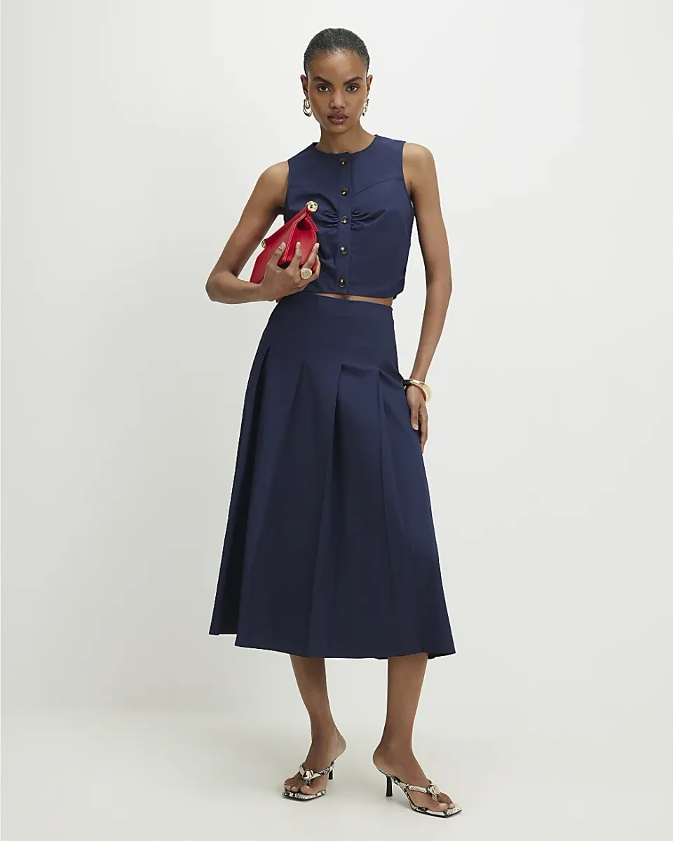Cotton Poplin Pleated Midi Skirt