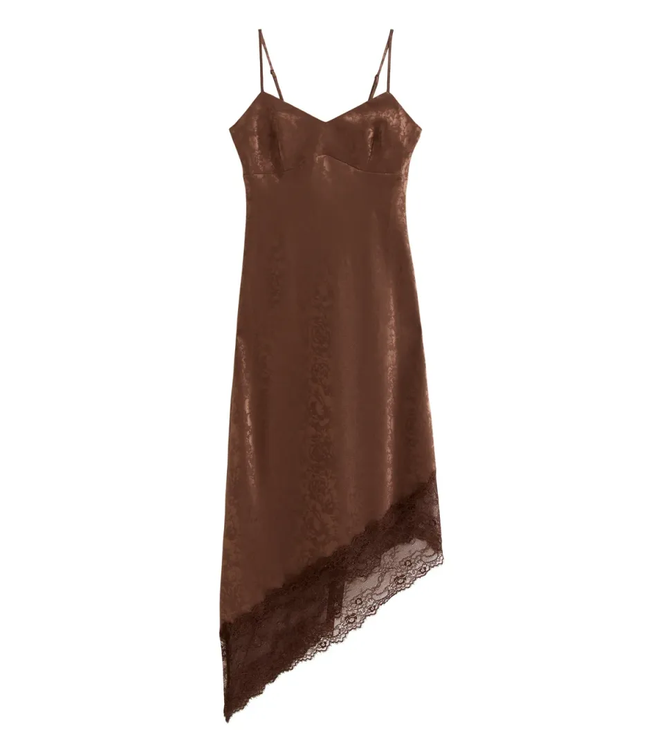 Women's Dark Brown Floral Jacquard Satin Asymmetric Lace Midi Dress