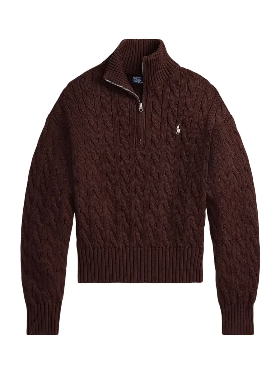 Polo Ralph Lauren Cable-Knit Cotton Quarter-Zip Sweater Brown