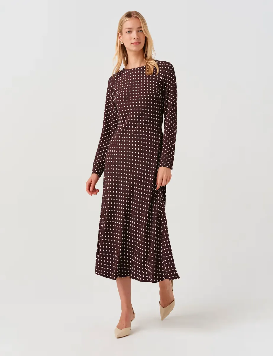 Polka Dot Round Neck Midi Waisted Dress Brown Mix