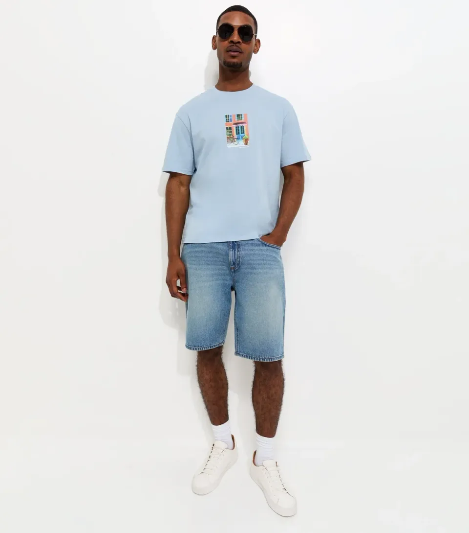 Men's Light Blue House Print Relaxed Fit T-Shirt
