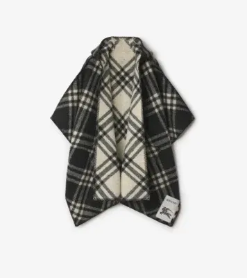 Reversible Check Wool Hooded Cape in Black/ecru beige