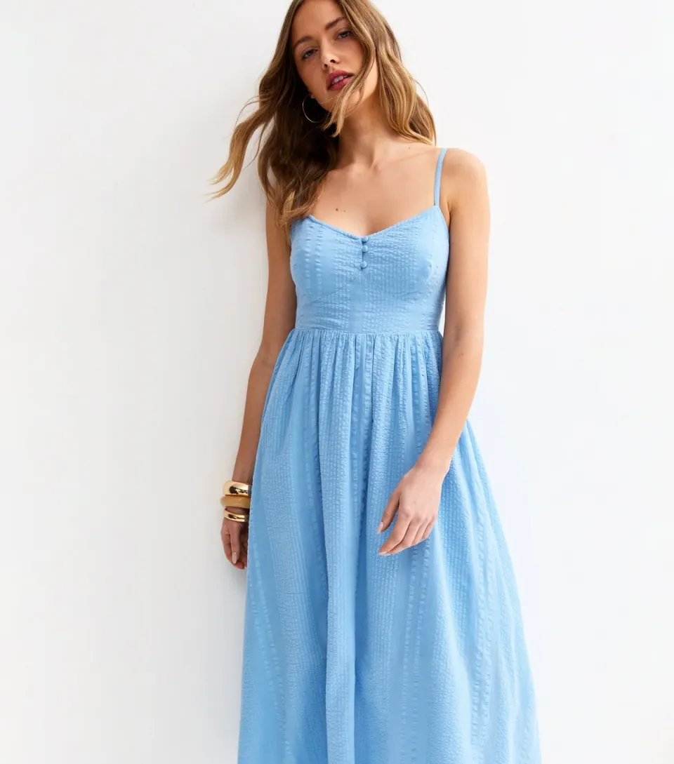 Women's Light Blue V Waist Strappy Midi Dress
