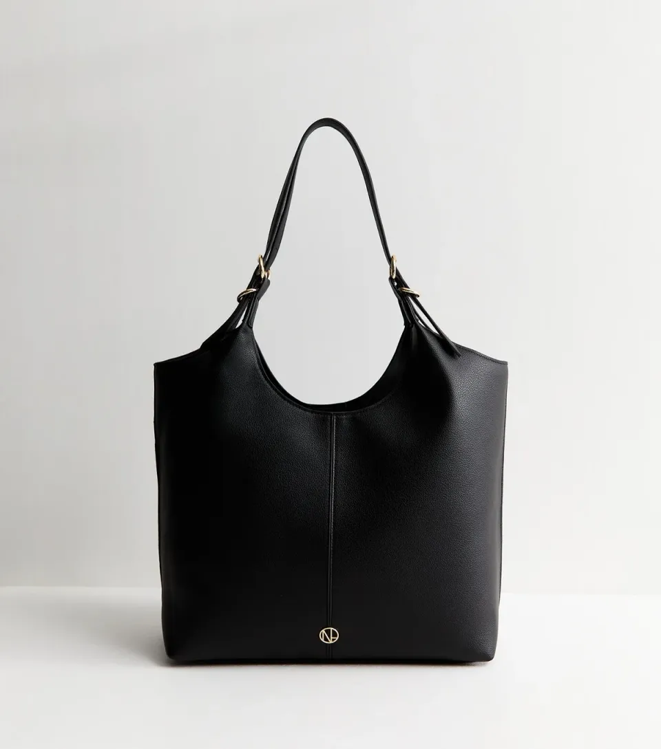 Black Faux Leather Soft Scoop Top Tote Bag Vegan