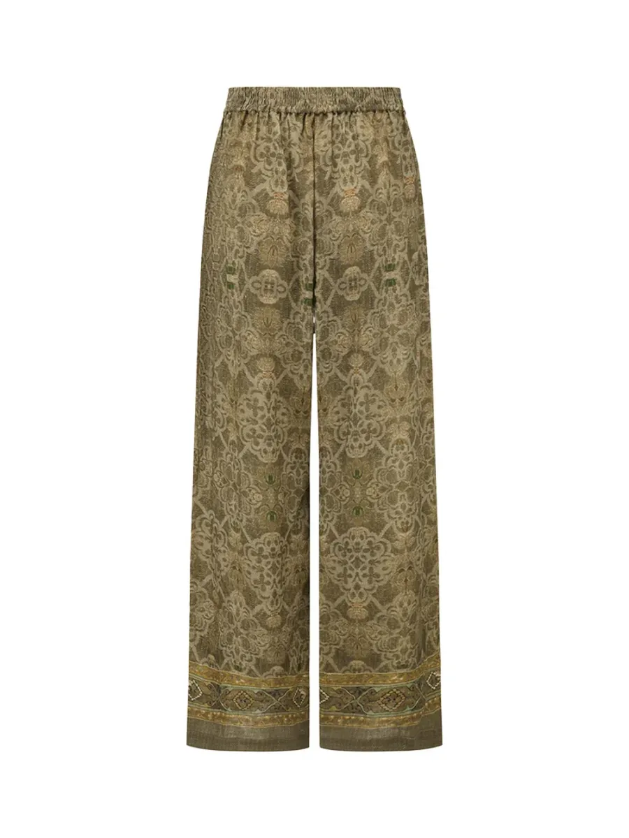 Women Moss Green Tone-on-Tone Printed Linen Straight-Leg Trousers