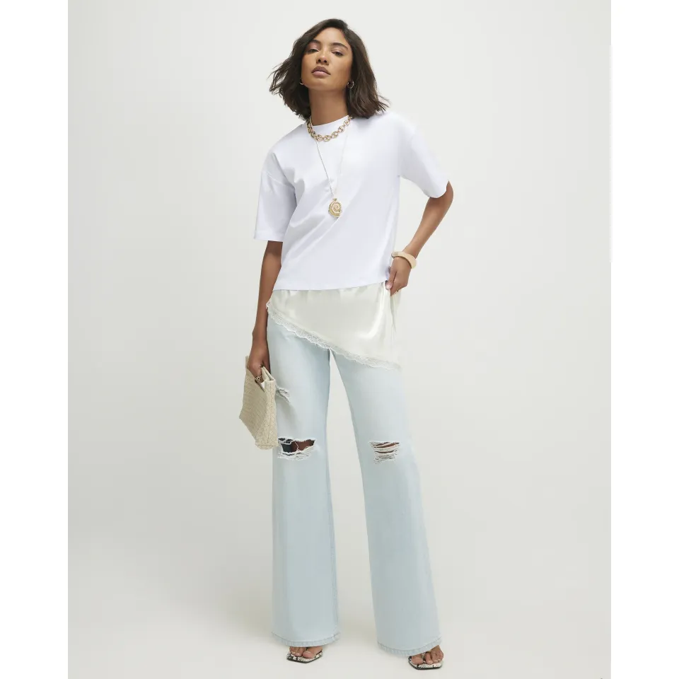 Cotton Lace Hem Asymmetric T-Shirt