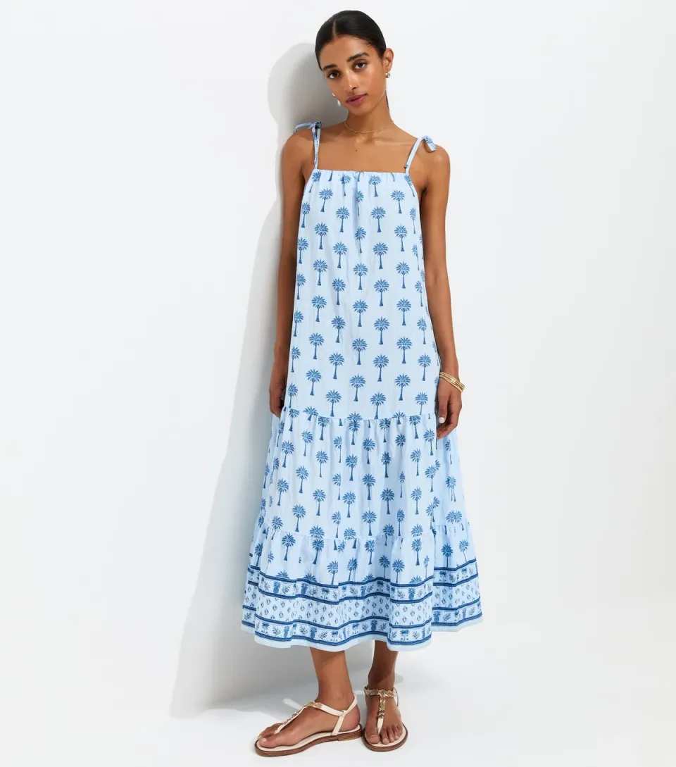 Women's Blue Palm Print Tiered Midi Dress