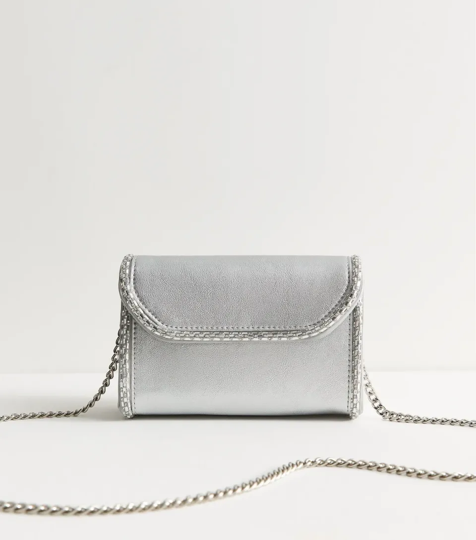 Silver Faux Leather Diamant?� Gem Embellished Clutch Bag