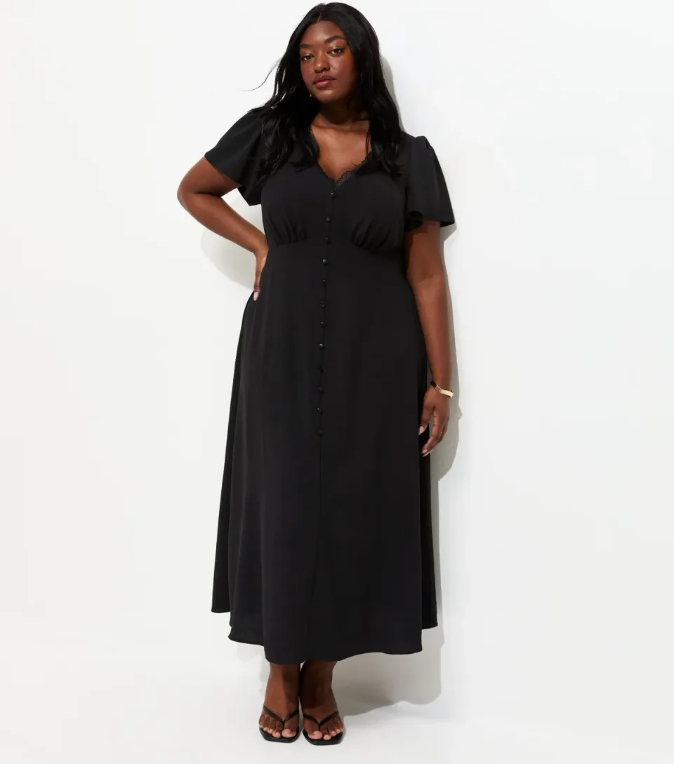 Women's Plus Size Black Lace Trim Midi Tea Dress Curves