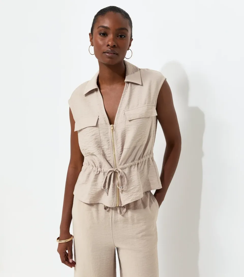Women's Stone Zip Front Drawstring Sleeveless Shirt