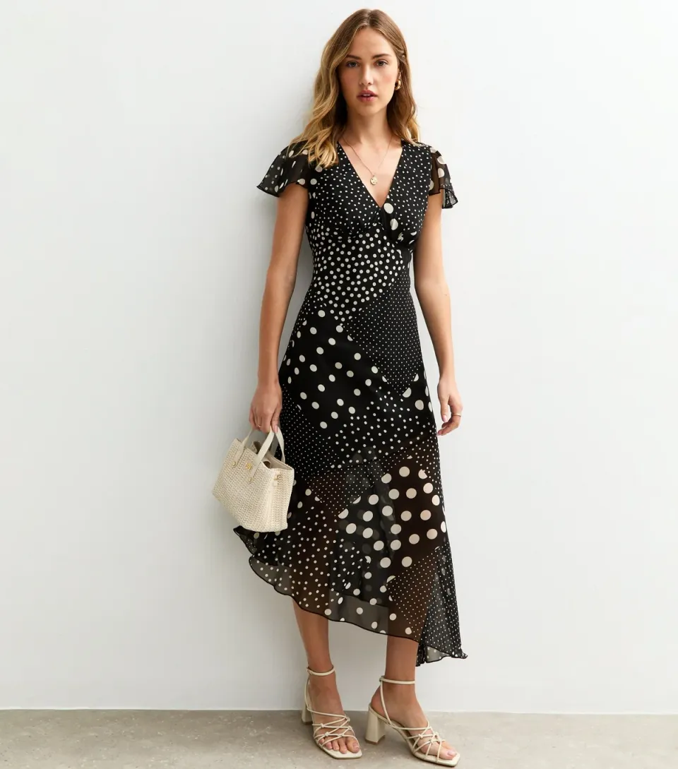 Women's Black Spot Print V-Neck Midi Dress