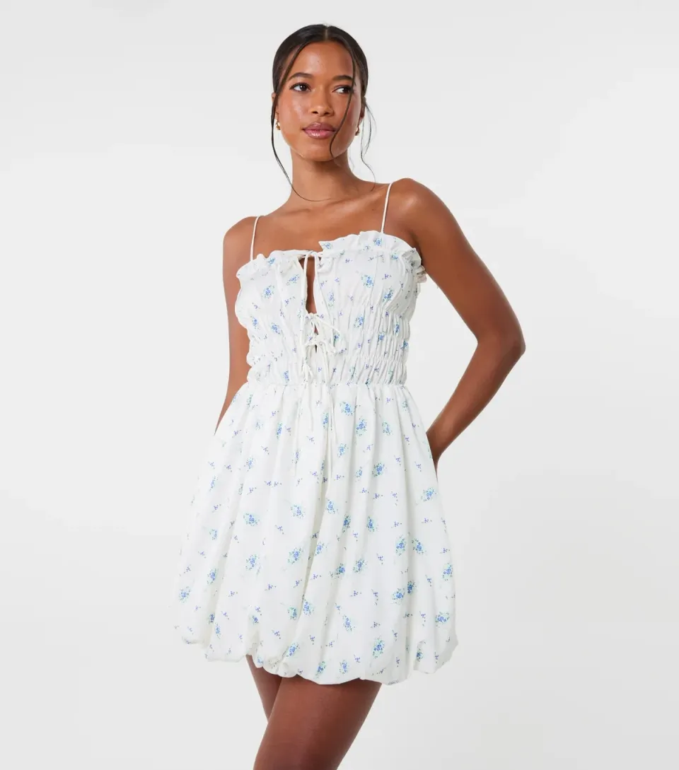 Women's White Floral Print Puffball Mini Dress