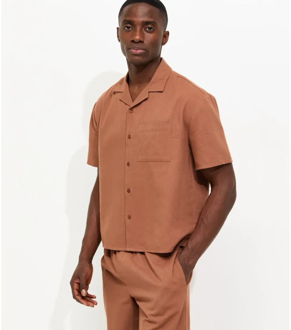 Men's Burnt Orange Boxy Cotton Revere Collar Shir