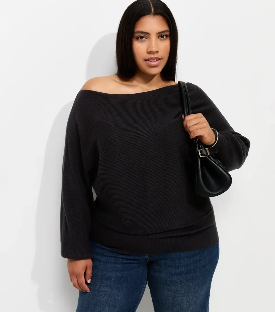 Women's Plus Size Black Ribbed Knit Slash Neck Batwing Sleeve Top Curves