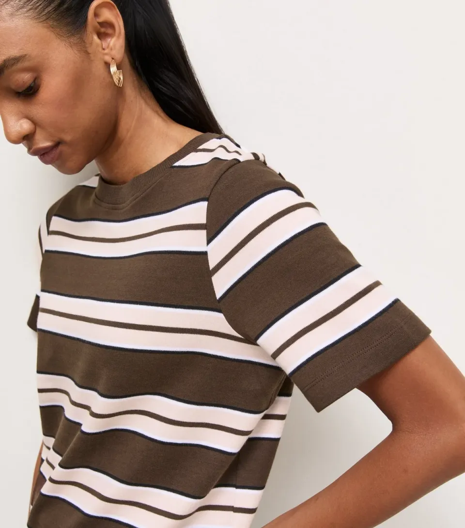 Women's Premium Brown Cotton Horizontal Stripe Relaxed Fit T-Shirt