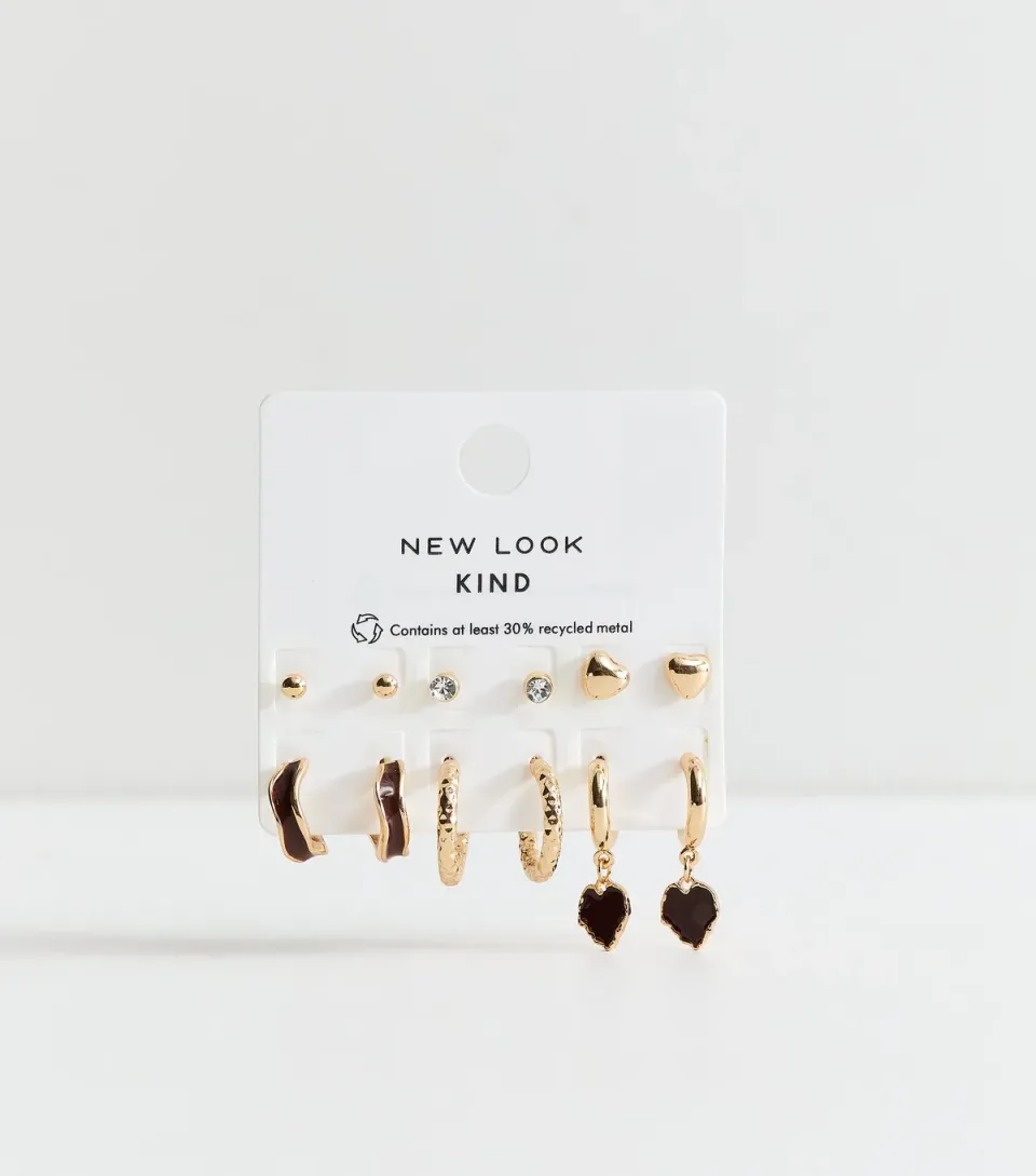 Gold Tone Pack of 6 Mini Heart Stud Brown Enamel Earrings
