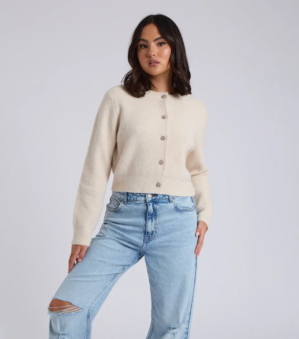 Women's Cream Floral Button Ribbed Cropped Cardigan