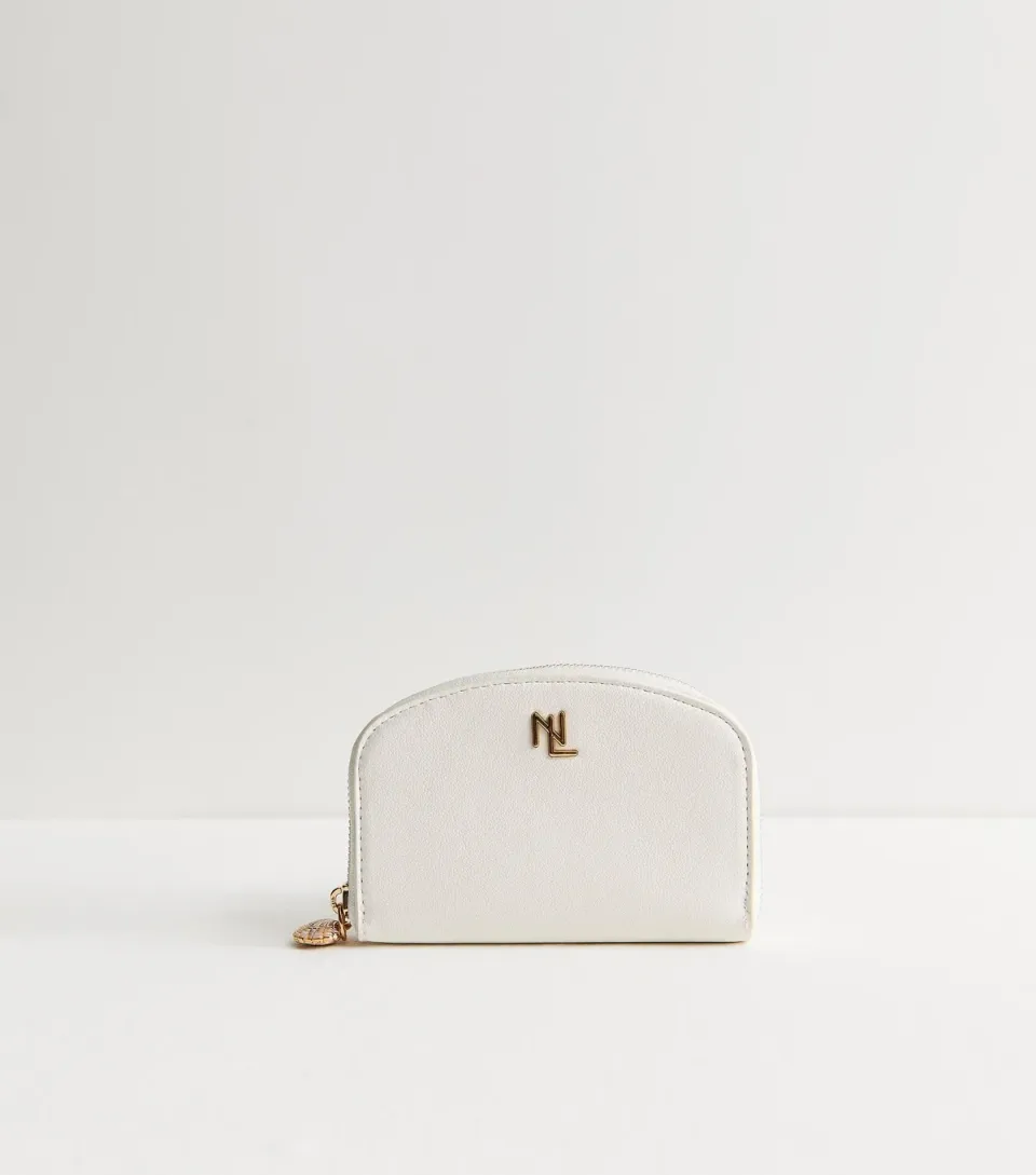 White Faux Leather Shell Zip Logo Purse
