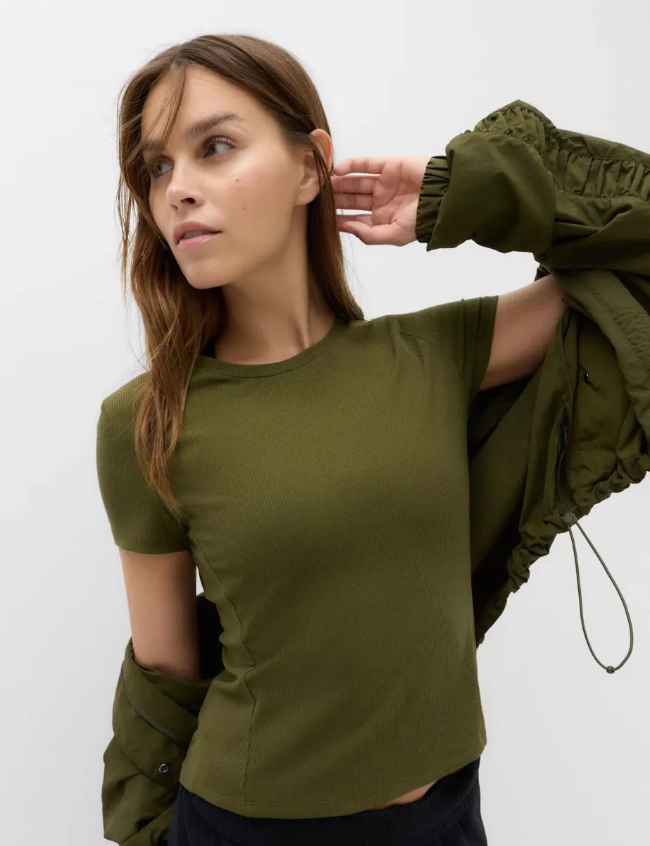 Modal Rich Rib Round Neck Fitted T-Shirt Dark Khaki