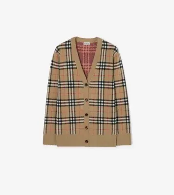 Check Cotton Wool Cardigan in Sand beige