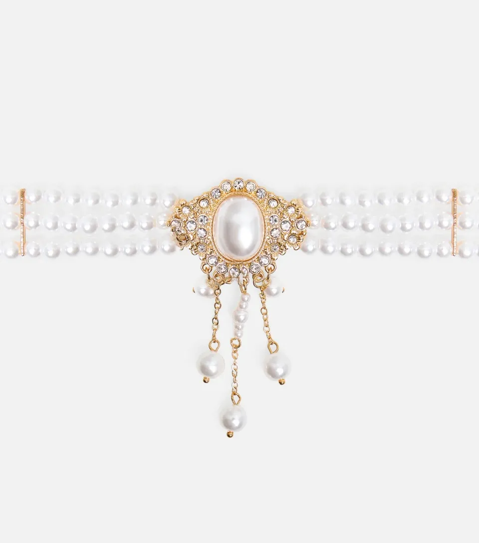 Off White Faux Pearl Diamanté Choker Necklace