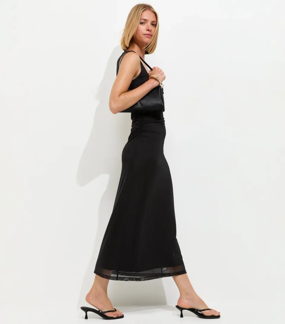Women's Black Square Neck Mesh Midi Dress