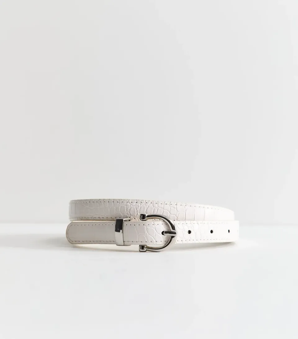 Cream Faux Leather Croc Embossed Skinny Belt
