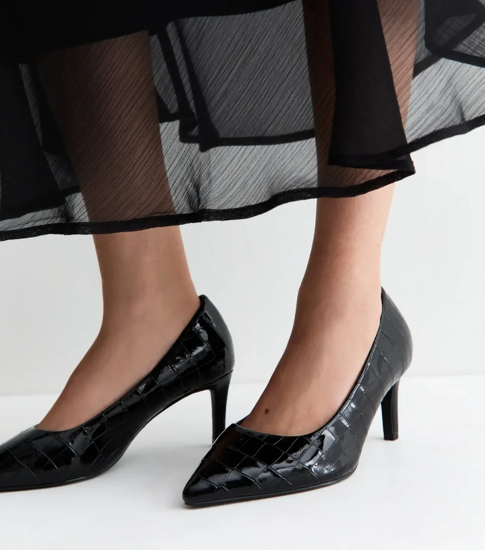 Women's Extra Wide Fit Black Faux Leather Croc Embossed Court Shoes